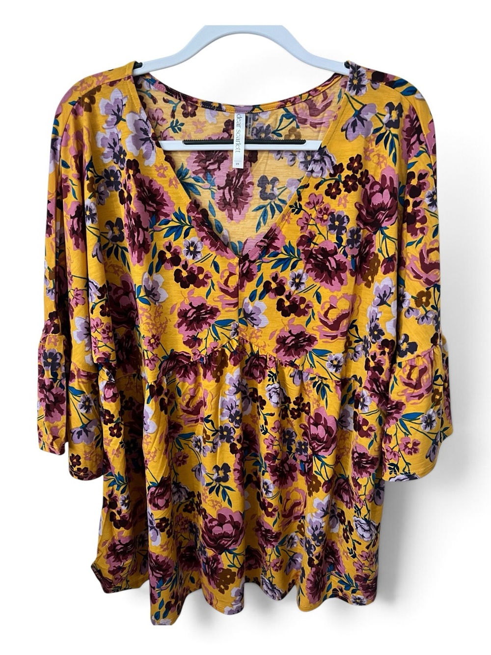 Dear Scarlett Plus Size Floral pink & gold V-Neck Babydoll Tunic Blouse